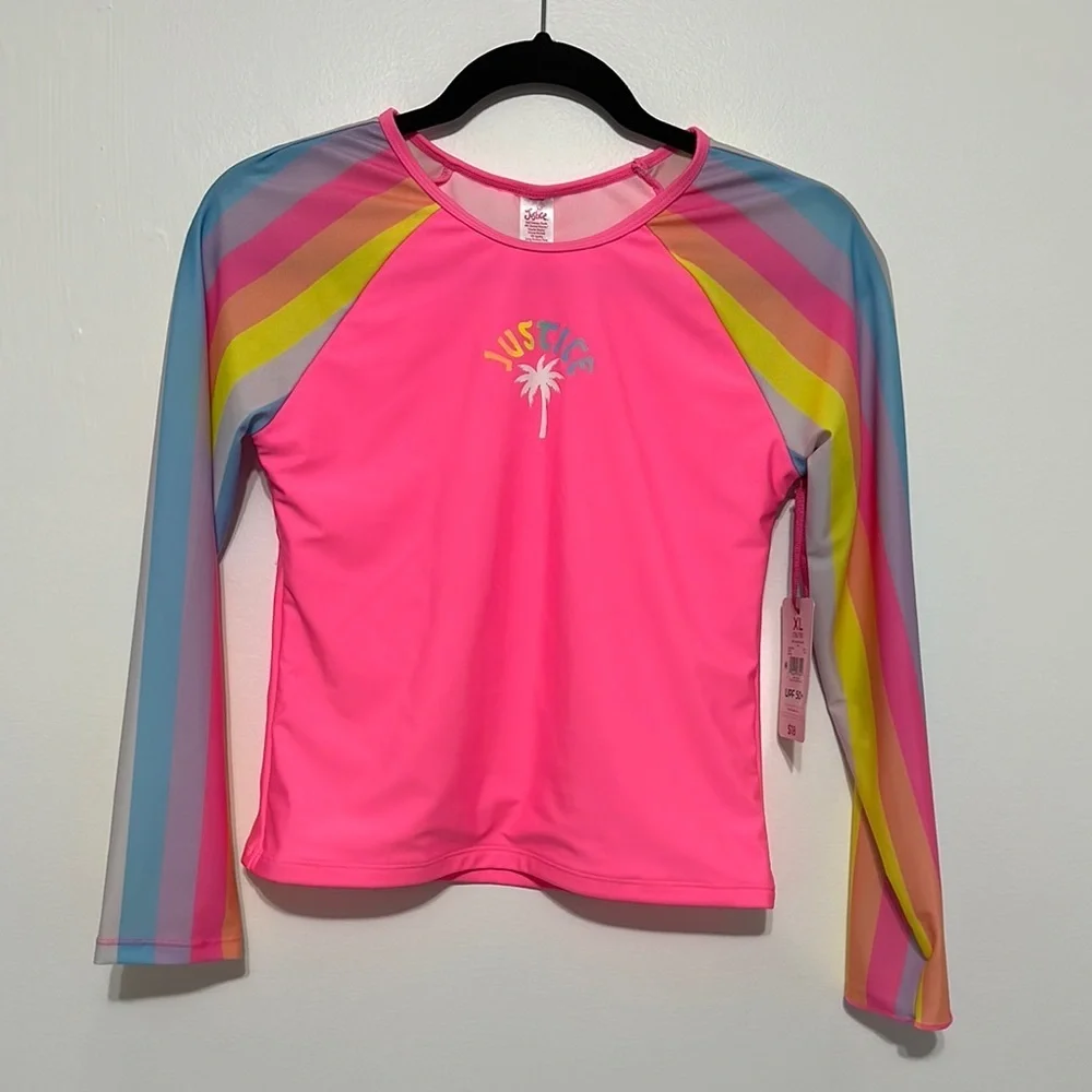 Justice Kids Swim One Piece - Pink with Rainbow Stripes Rashguard Shirt​